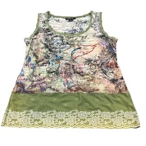 Motive Lace Trim Floral Abstract Tank Top Green Multicolor Size L